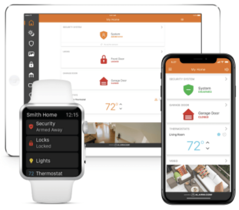 A smart watch and a smart phone are sitting next to each other.