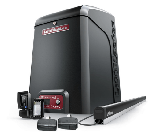 A black liftmaster garage door opener is sitting on a white surface