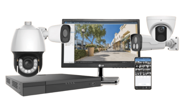 A set of security cameras including a monitor and a cell phone