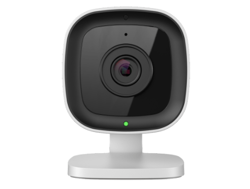 A security camera is sitting on a stand on a white background.