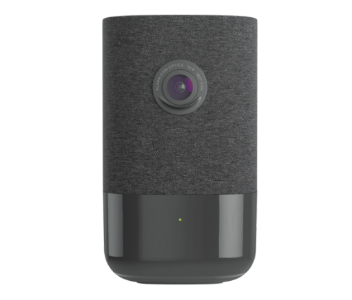 A black speaker with a camera attached to it