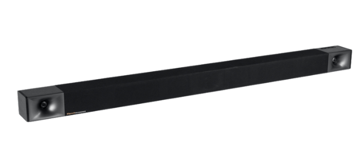 A black sound bar is sitting on a white surface.