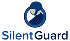 A blue logo for silent guard with a helmet and stars