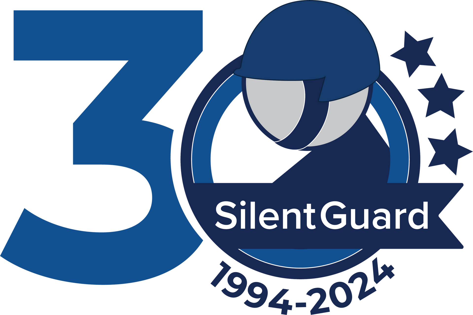 A blue logo for silent guard with a helmet and stars