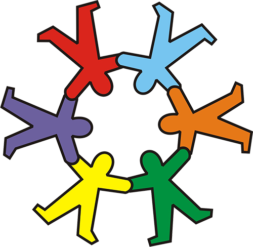 Circle of stylized people, holding hands, in different colors: red, blue, orange, green, yellow, and purple.