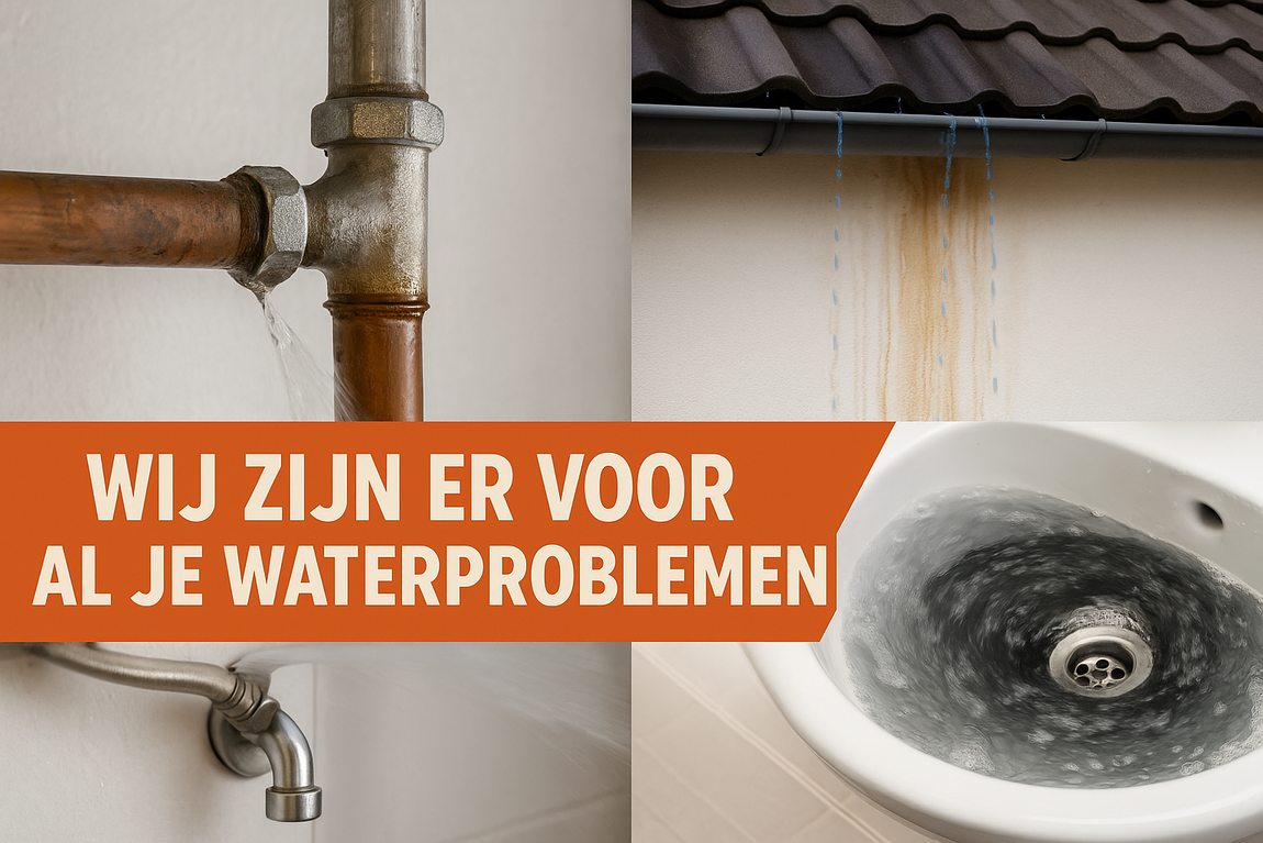 A picture of a pipe and a sink with the caption wij zijn er voor al je waterproblemen