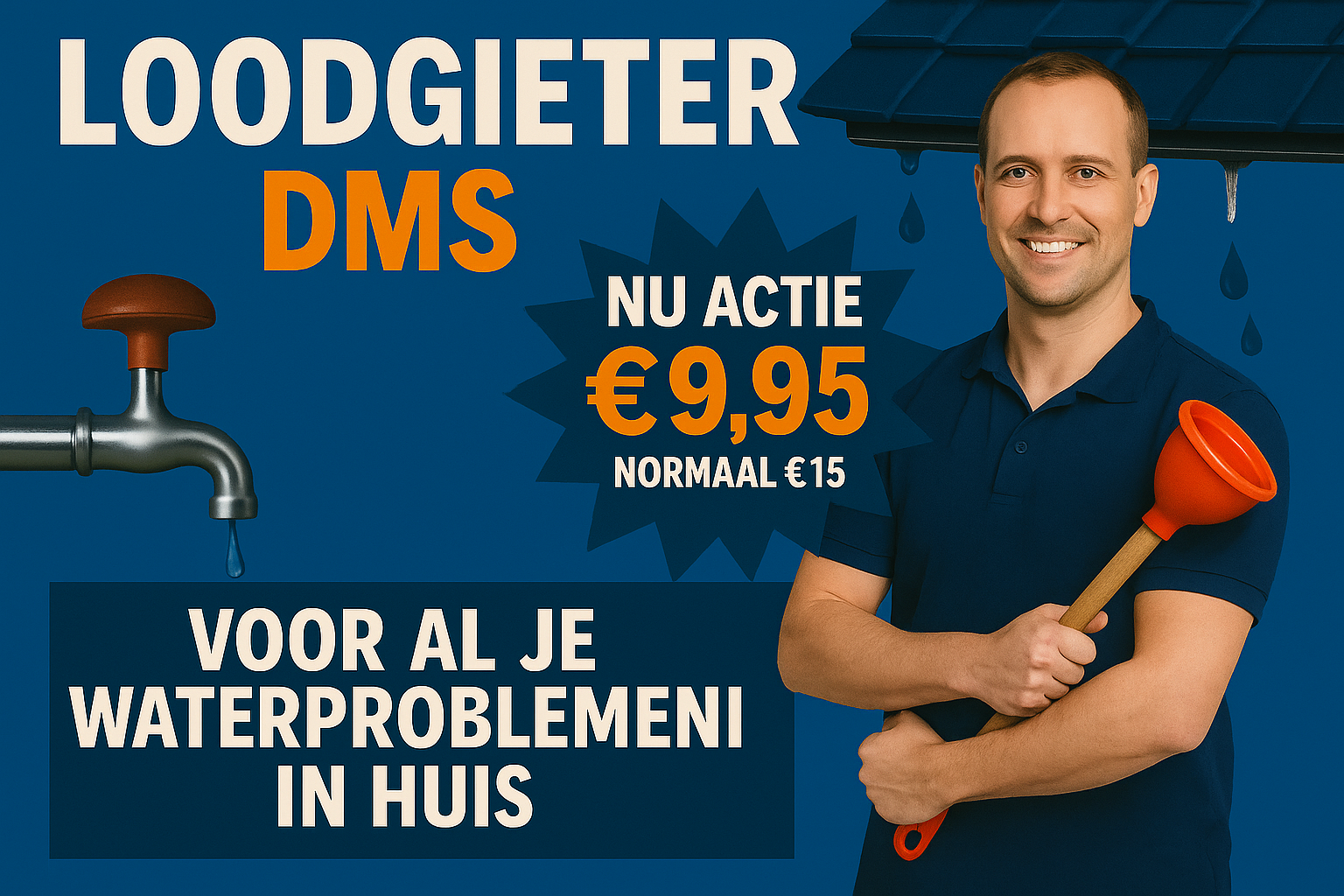 Een man houdt een zuiger voor een kraan en een bordje met de tekst 'voor al je waterproblemen in huis'
