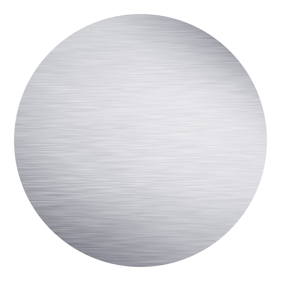 A stainless steel circle with a brushed finish on a white background.