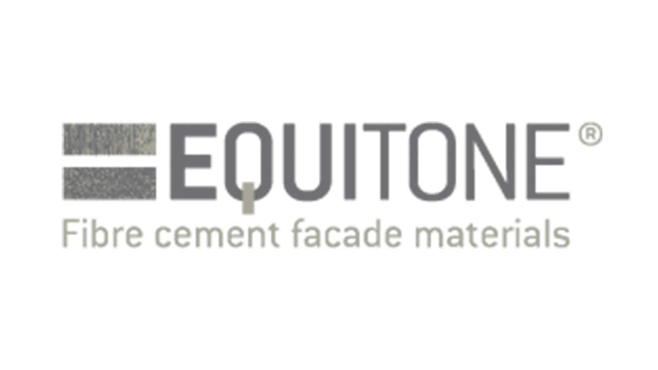Logo for Equitone fibre cement facade materials, featuring a grey stylized graphic and the brand name in grey.