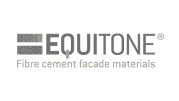 Logo for Equitone fibre cement facade materials, featuring a grey stylized graphic and the brand name in grey.
