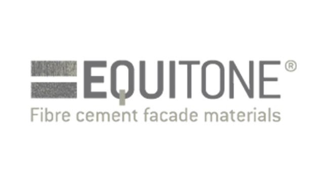 Logo for Equitone fibre cement facade materials, featuring a grey stylized graphic and the brand name in grey.