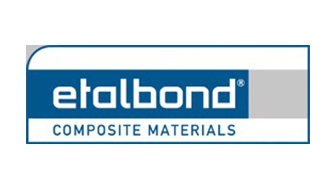 Logo for "etalbond," a composite materials company. The logo features the brand name in blue on a white rectangle, and the words "COMPOSITE MATERIALS" in a thin, dark blue font. A gray bar is on the right.
