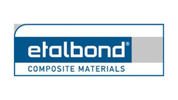 Logo for "etalbond," a composite materials company. The logo features the brand name in blue on a white rectangle, and the words "COMPOSITE MATERIALS" in a thin, dark blue font. A gray bar is on the right.