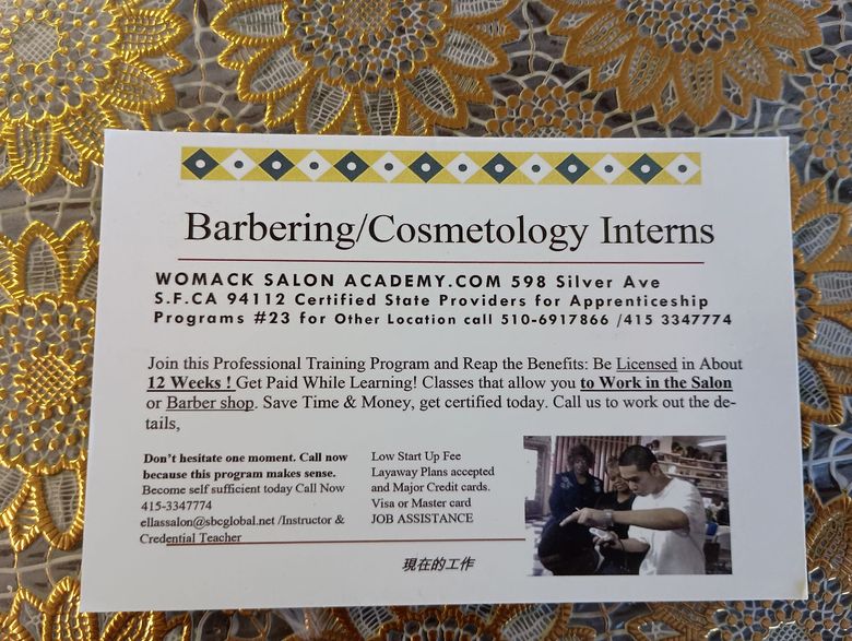 A card that says barbering cosmetology interns on it