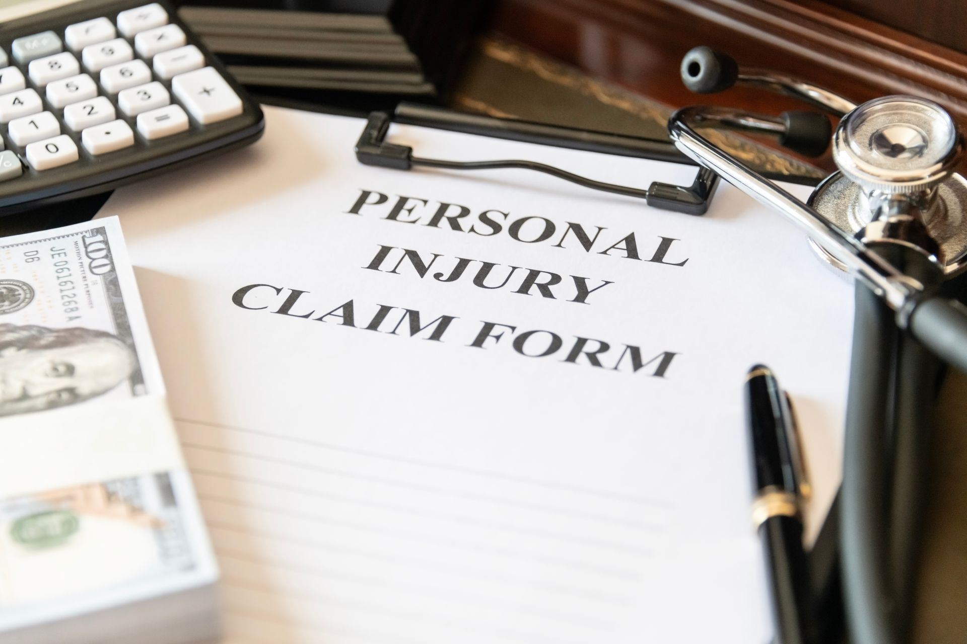 A personal injury claim form is sitting on a desk next to a stack of money and a stethoscope.