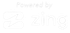 A white logo that says `` powered by zing '' on a white background.