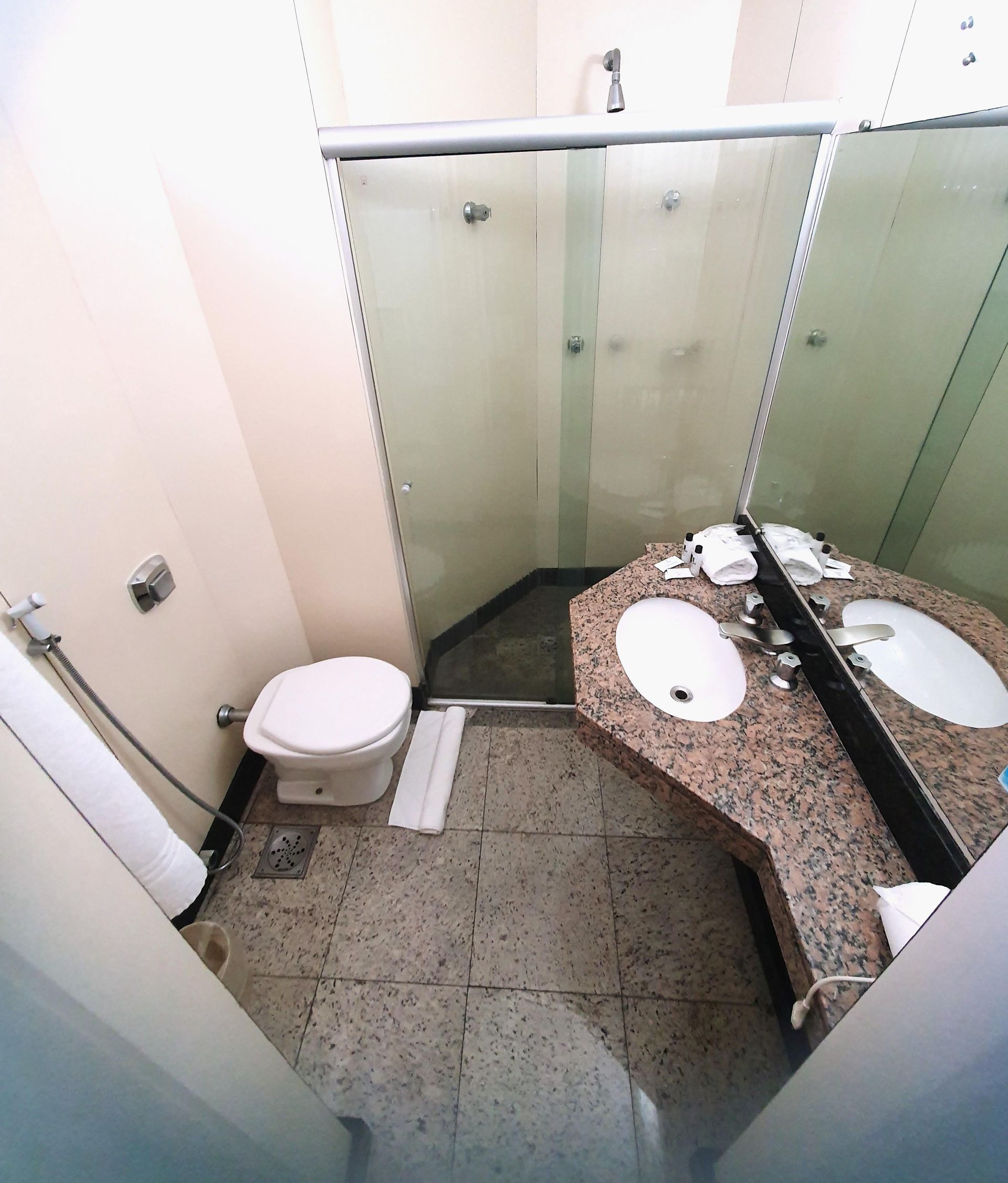 Um banheiro com um vaso sanitário, uma pia e um chuveiro