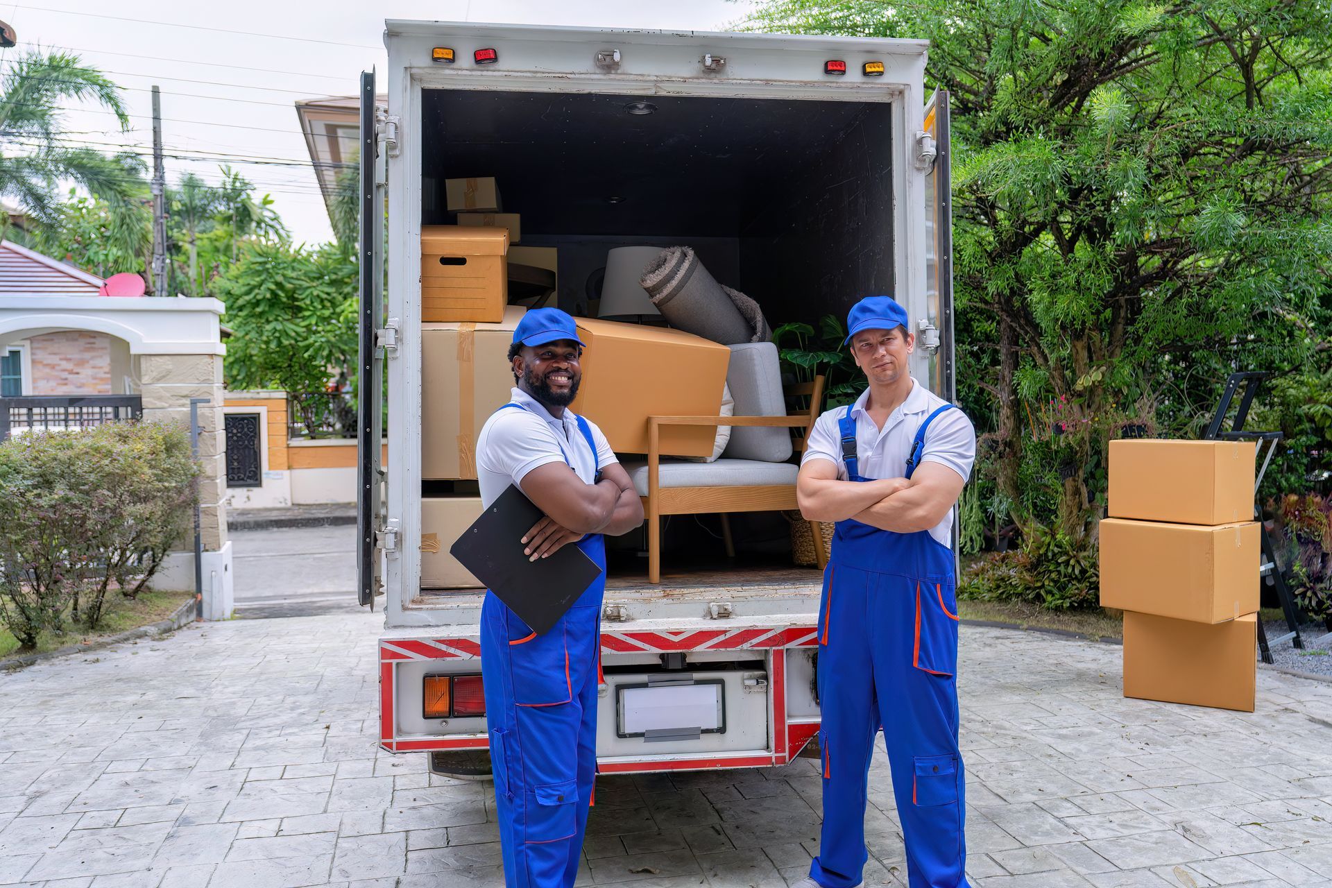 Two men are standing in front of a moving truck filled with boxes.