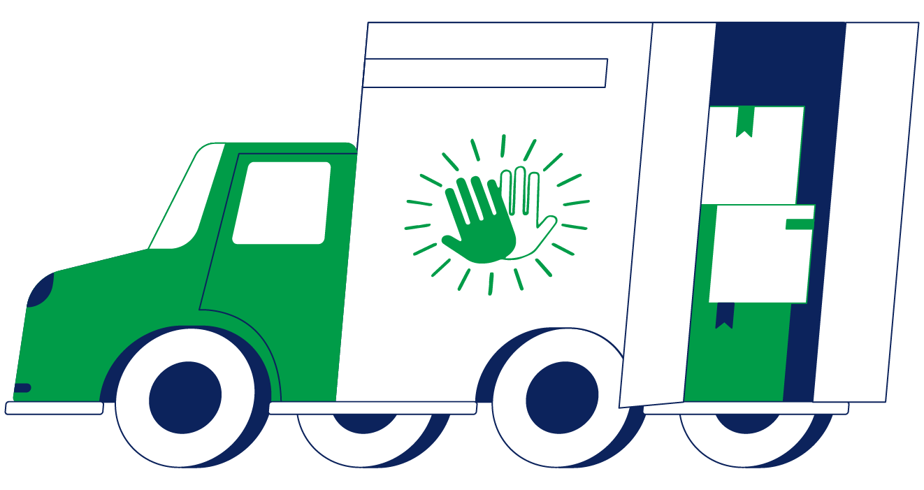 A green truck with a hand on the back of it.