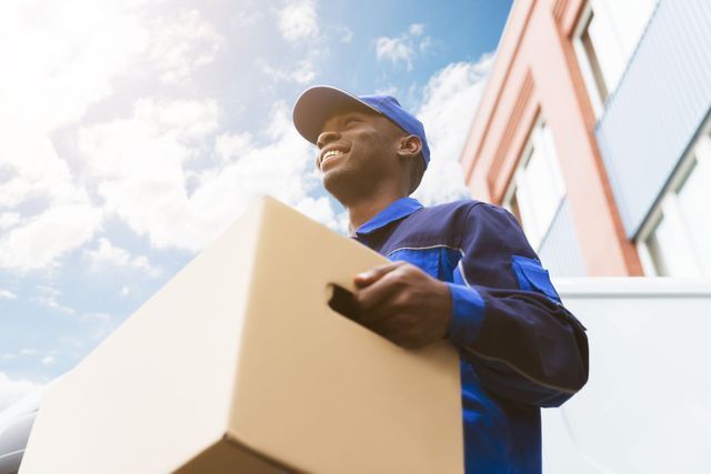 A delivery man is holding a cardboard box in front of a building.