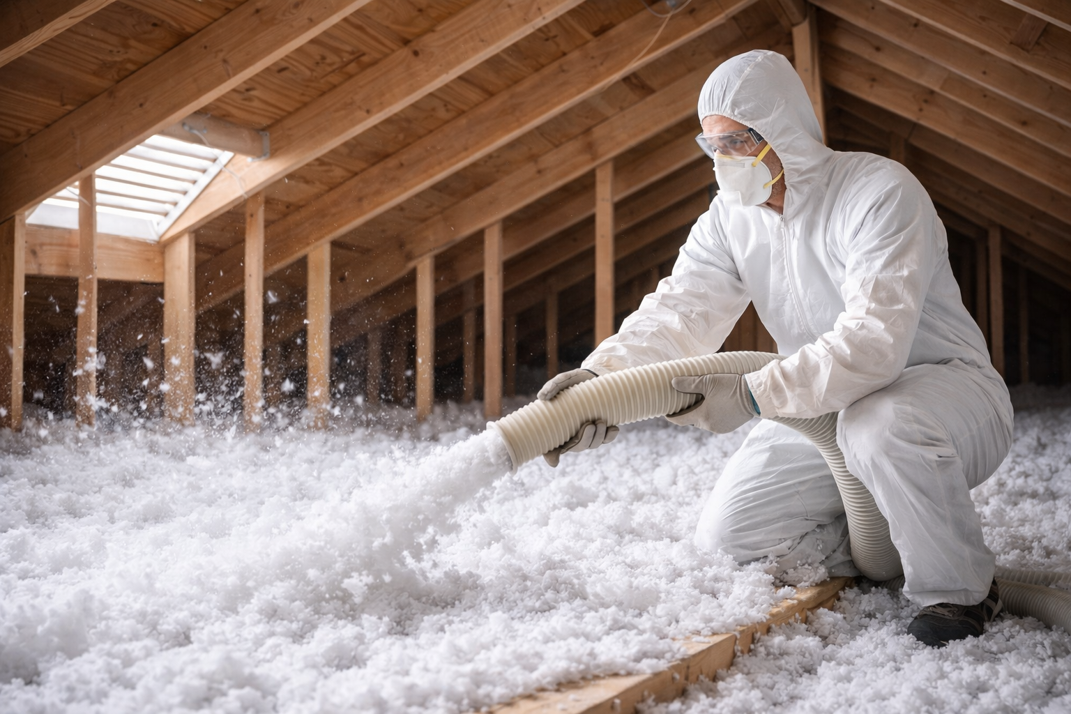 Person in protective suit spraying insulation into an attic.