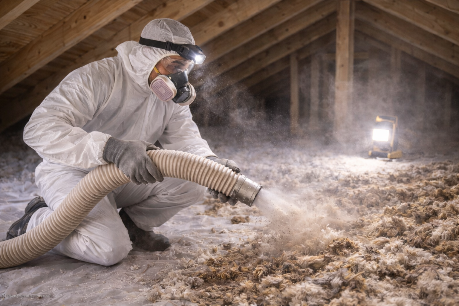 Person in protective suit spraying insulation in an attic.