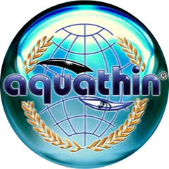 Logo for Aquathin water purification systems. Globe and kayaks within a blue sphere.