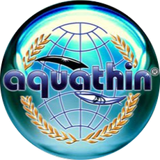 Logo for Aquathin water purification systems. Globe and kayaks within a blue sphere.