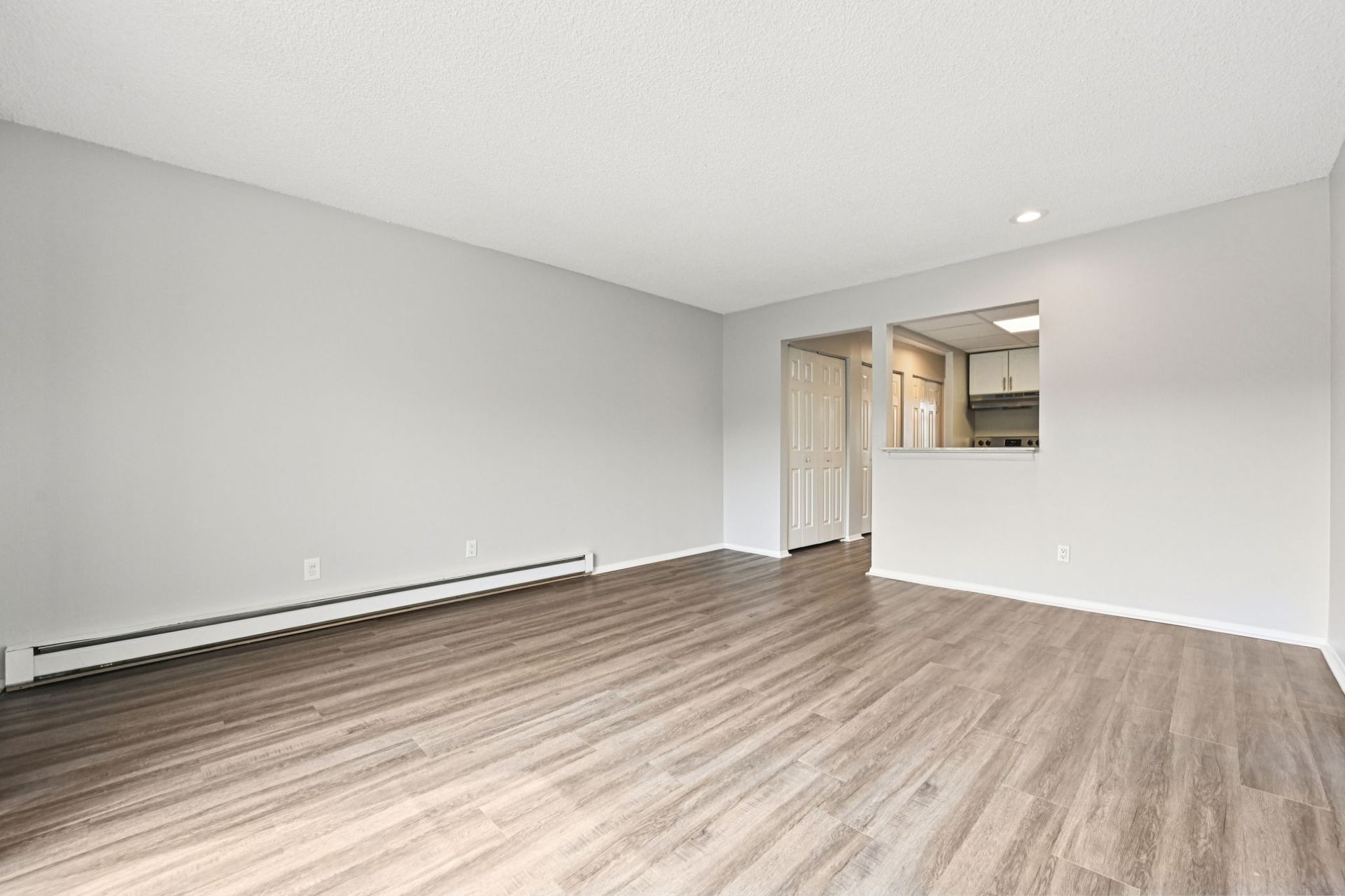 Empty living room with light gray walls, wood-look floor, and a pass-through to the kitchen.