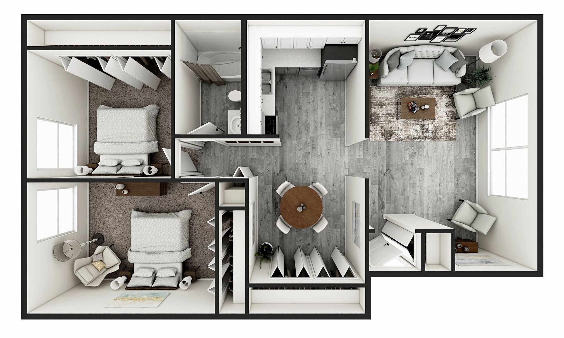 Floor plan of a two-bedroom apartment with furniture. Rooms include kitchen, living room, and bathrooms.