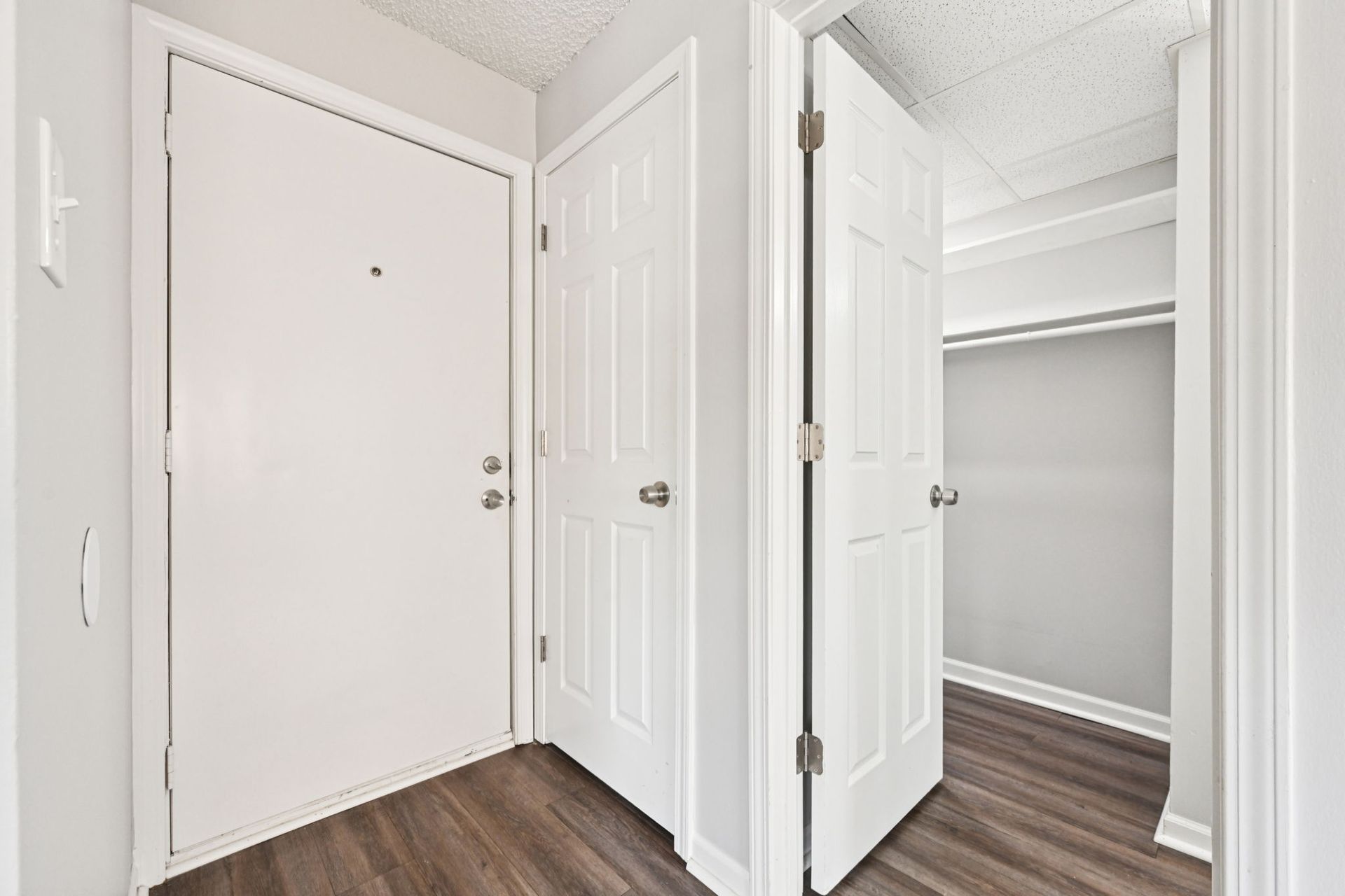 White entrance hallway with a front door, a closet door, and dark wood-look flooring.