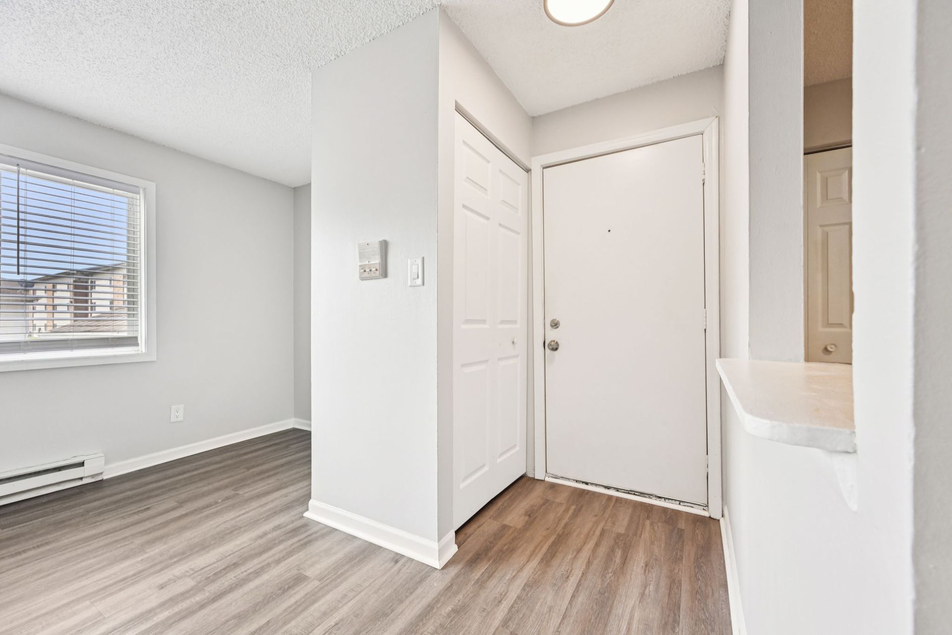 Bright entryway of apartment with white walls, door, and wood flooring.