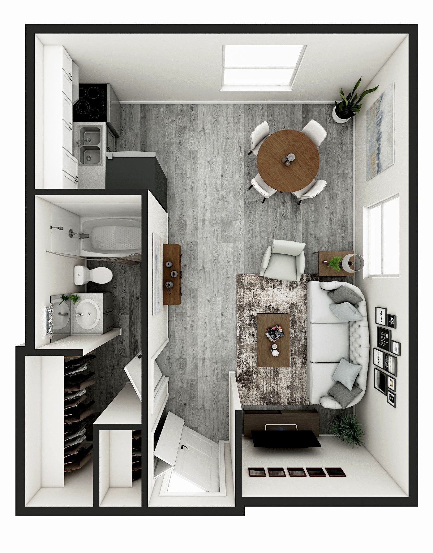 Top-down view of a small apartment layout with kitchen, dining area, living room, bathroom, and storage.