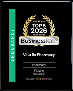 Black award plaque for Valu Rx Pharmacy, a Top 5 BusinessRate 2026 winner in Wayne, New Jersey. Black award plaque for Valu Rx Pharmacy, a Top 5 BusinessRate 2026 winner in Wayne, New Jersey.
