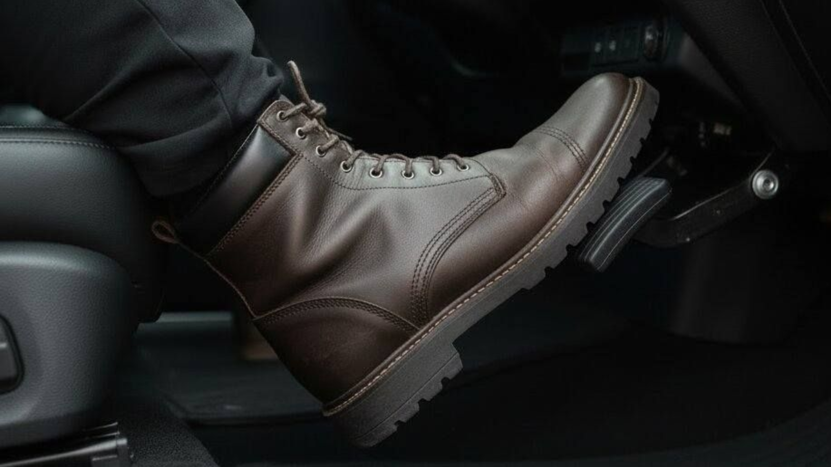 Close-up of a driver’s foot pushing down a soft, spongy brake pedal inside a car, illustrating poten