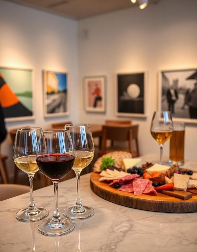 Tre calici da vino e un tagliere di salumi su un tavolo di marmo in una stanza ricca di opere d'arte.