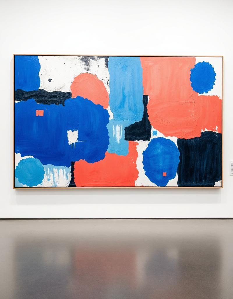 Grande dipinto astratto con forme audaci blu e arancioni su sfondo bianco, esposto in una galleria.