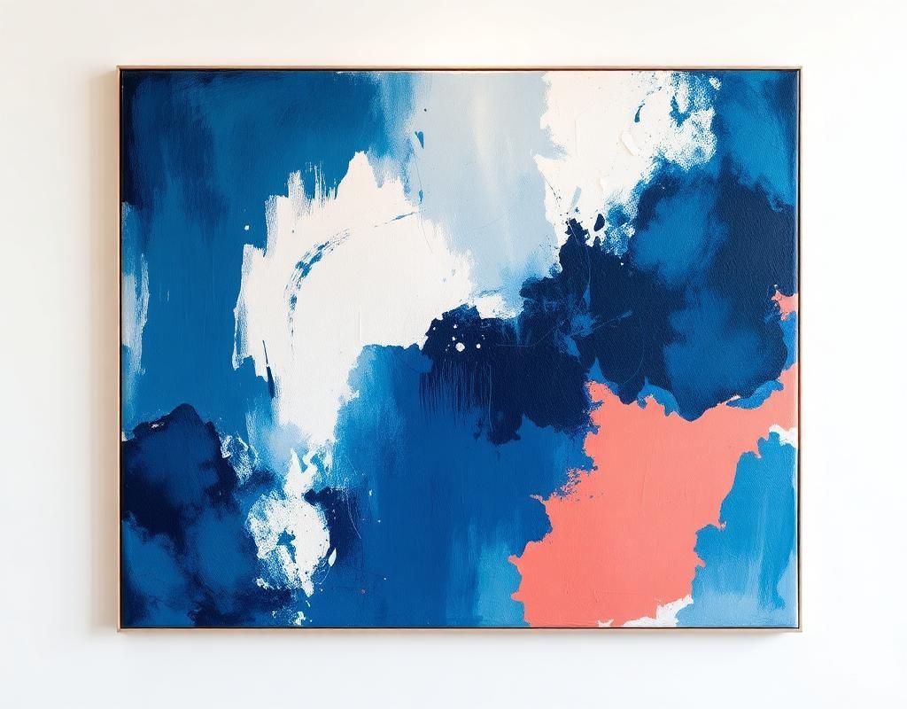 Un dipinto astratto con strati di blu, bianco e un'audace forma corallina, racchiuso in una sottile cornice dorata.