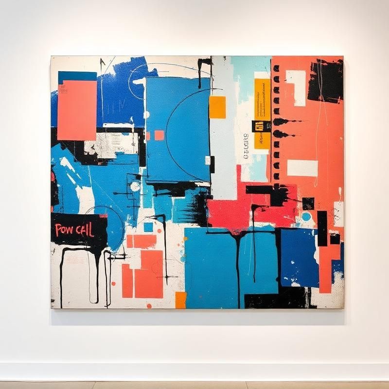 Dipinto astratto con audaci blocchi di blu, arancione e nero, che presenta testo e forme geometriche su una parete bianca della galleria.