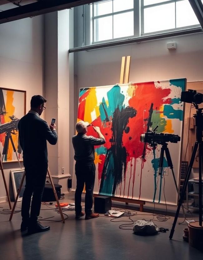 In uno studio fotografico, due persone osservano e filmano un grande dipinto astratto e colorato posto su un cavalletto.
