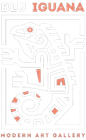 Logo per la galleria d'arte moderna Blu Iguana, caratterizzato da un disegno stilizzato e labirintico di un'iguana con dettagli color pesca.