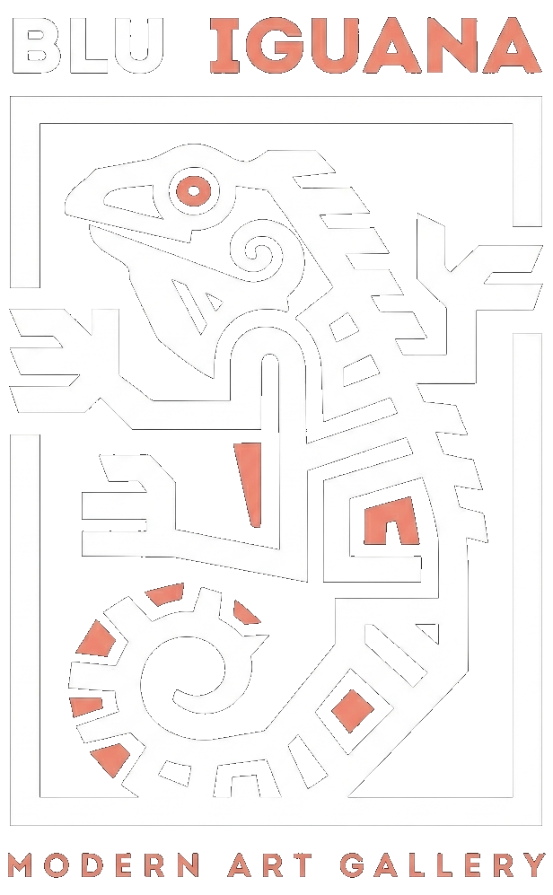 Logo per la galleria d'arte moderna Blu Iguana, caratterizzato da un disegno stilizzato e labirintico di un'iguana con dettagli color pesca.