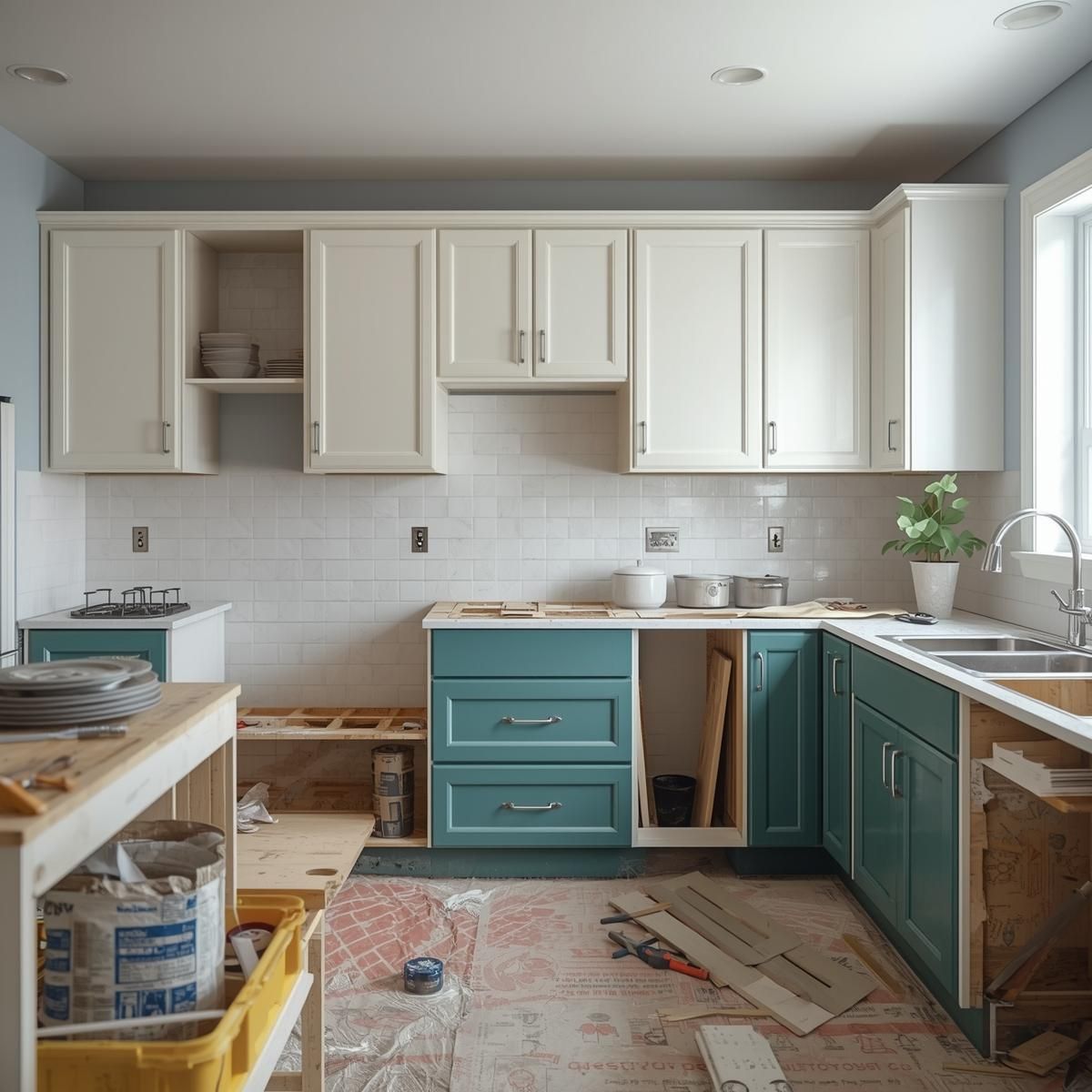 Kitchen renovation in progress: white upper cabinets, teal lower cabinets, construction materials, and white backsplash.