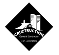 Black and white CruzTruction logo with building silhouette, company name, and license number.
