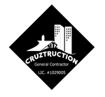 Black and white CruzTruction logo with building silhouette, company name, and license number.