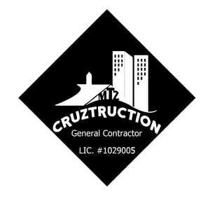 Black and white CruzTruction logo with building silhouette, company name, and license number.