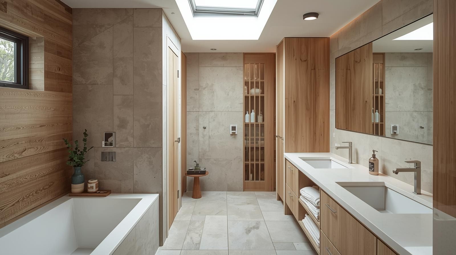 Modern, minimalist bathroom with wood accents, skylight, double vanity, and soaking tub.