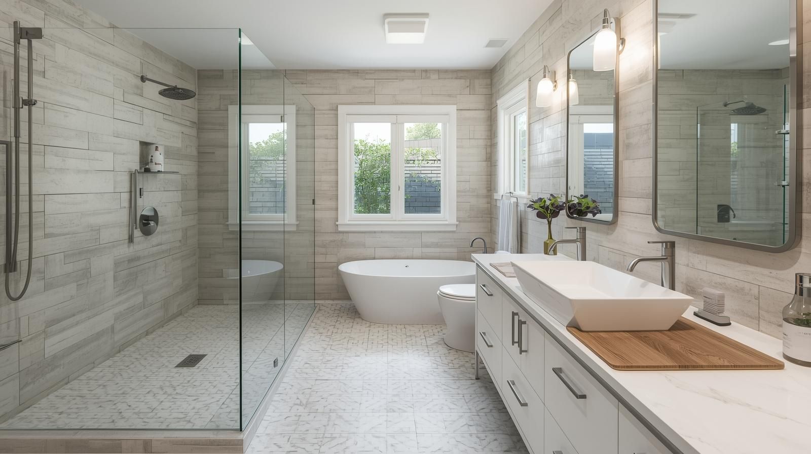 Bathroom with walk-in shower, soaking tub, double vanity, and window. Light wood and white tones.