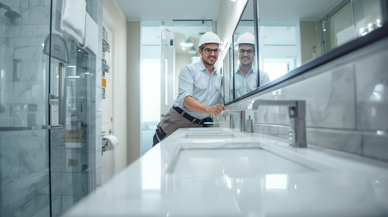 A smiling construction worker in a white hard hat and glasses inspects a new bathroom sink in a modern bathroom.