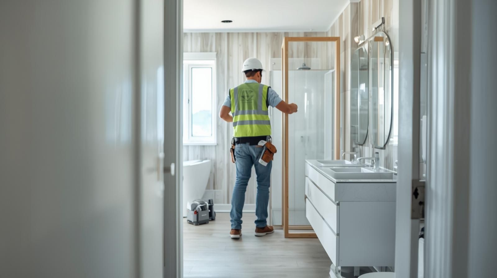 Wood-framed building under construction; plywood walls with window and door openings; tools and materials on the concrete.